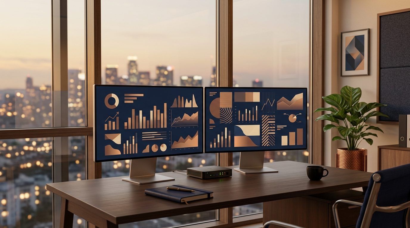 Bureau avec deux écrans affichant des tableaux de bord