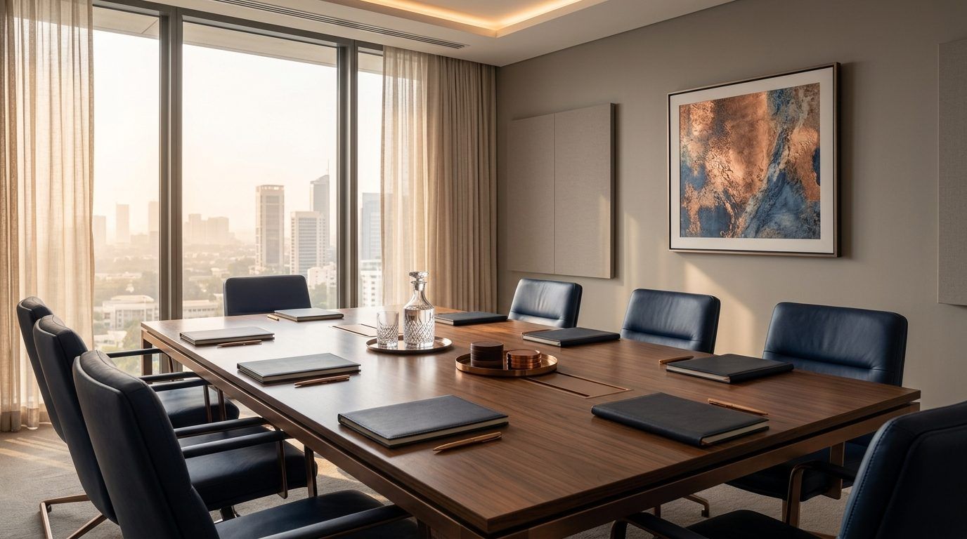 Meeting room with a long table and closed folders
