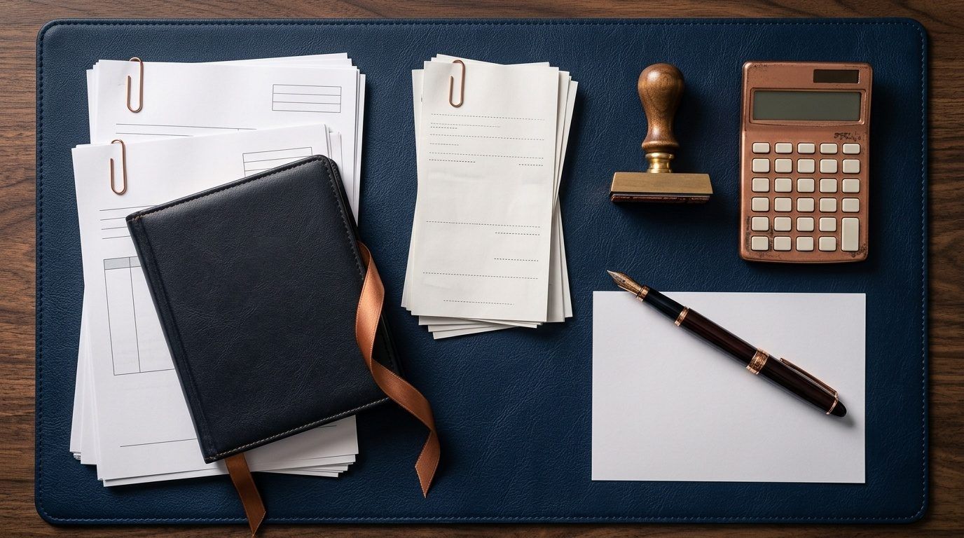 Factures, reçus et registre comptable rangés sur un bureau