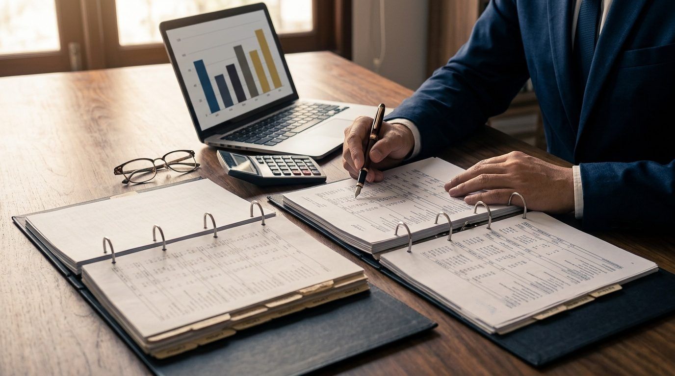 Classeurs d’états financiers, calculatrice et stylo sur une table de travail